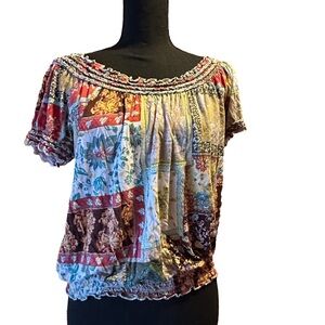 American Rag Blue Smocked Ruffled Blouse with Short Sleeves